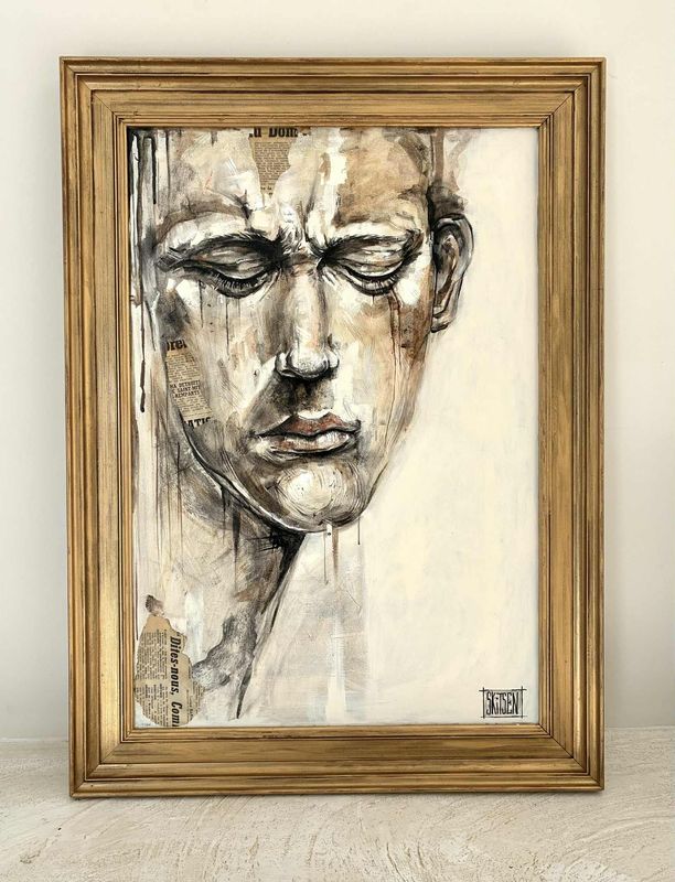 " l’expression d'un état intérieur ´ Sur une toile châssis lin avec cadre bois effet vieilli or. 64x47cm.  Pastels, fusains, acrylique…..  Skitsen