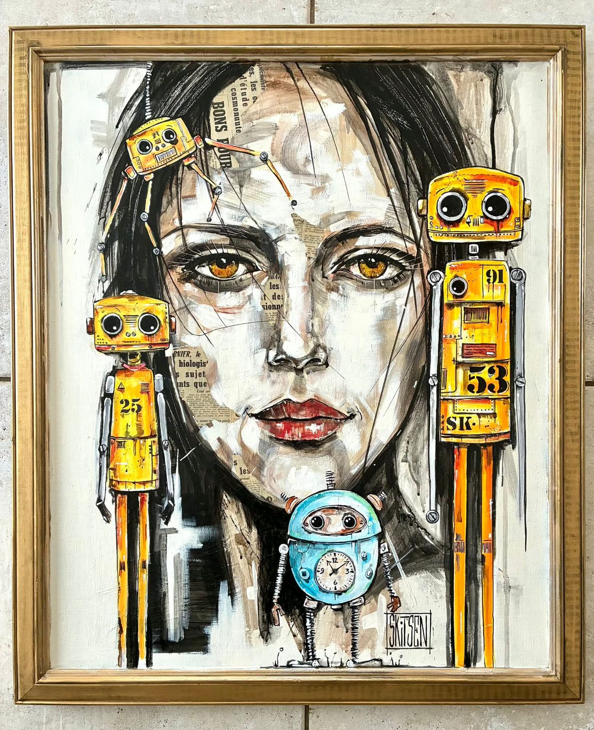 "Ailleurs'. Sur toile châssis lin et encadrement bois, effet vieilli or. 73x60cm avec cadre... Pastels, fusains, encres, acrylique...vernis.