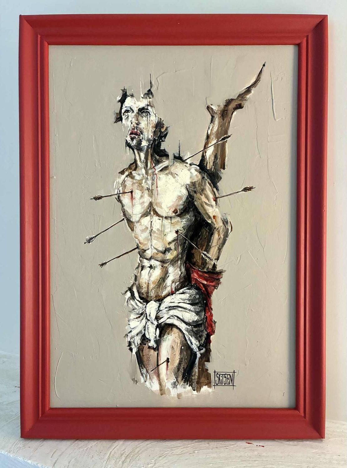"Saint Sébastian"..... Sur une toile châssis lin ancienne et encadrement compris. le tout fait 63x45 cm. Matière, acrylique, pastels, encres.. "Skitsen"