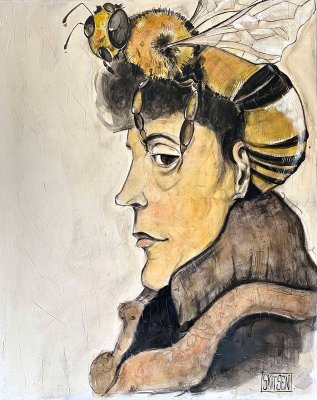 "La femme à la fourrure et son chapeau d'abeille".  Grande toile châssis lin 100x81cm.   Matière, pastels, fusains... vernis.  "Skitsen"