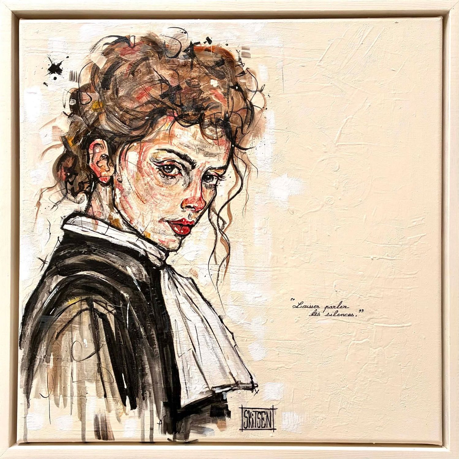 "Laisser parler les silences". Sur une toile châssis coton avec cadre caisse américaine bois peint blanc écru. 53,5x53,5cm. Matière, acrylique, pastels, encres... vernis. "Skitsen"