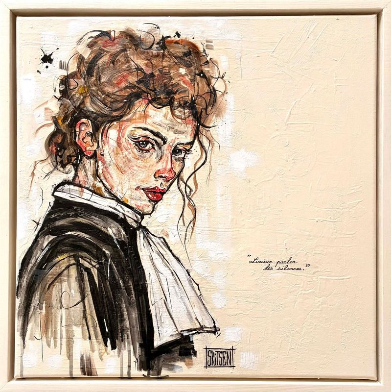 "Laisser parler les silences". Sur une toile châssis coton avec cadre caisse américaine bois peint blanc écru. 53,5x53,5cm. Matière, acrylique, pastels, encres... vernis. "Skitsen"