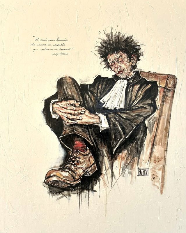 "Il vaut mieux hasarder de sauver un coupable......" Sur une grande toile châssis lin cloutée de 100x81 cm. Matière, acrylique, pastels, fusains, encres....vernis. "Skitsen"