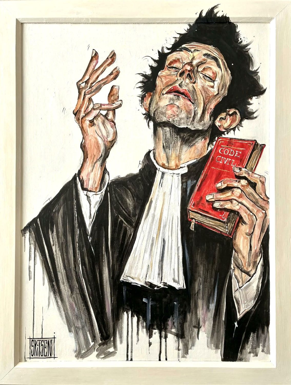 "Songe de l'orateur" Sur une toile châssis lin + cadre bois blanc 81,5cmx63cm. Acrylique, fusains, pastels, encres, vernis. "Skitsen"