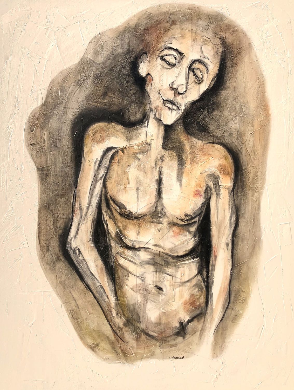 "Le penseur". Sur une grande toile châssis lin de 100x81cm. Matière, fusains, pastels.... encre de chine. "Skitsen"