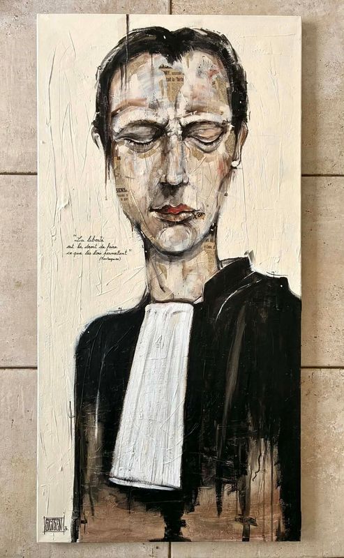 "La liberté et le droit de faire ce que les lois permettent". Sur grande toile châssis lin cloutée 120x60cm. Matière, acrylique, pastels, fusains, encres, vernis... "Skitsen"