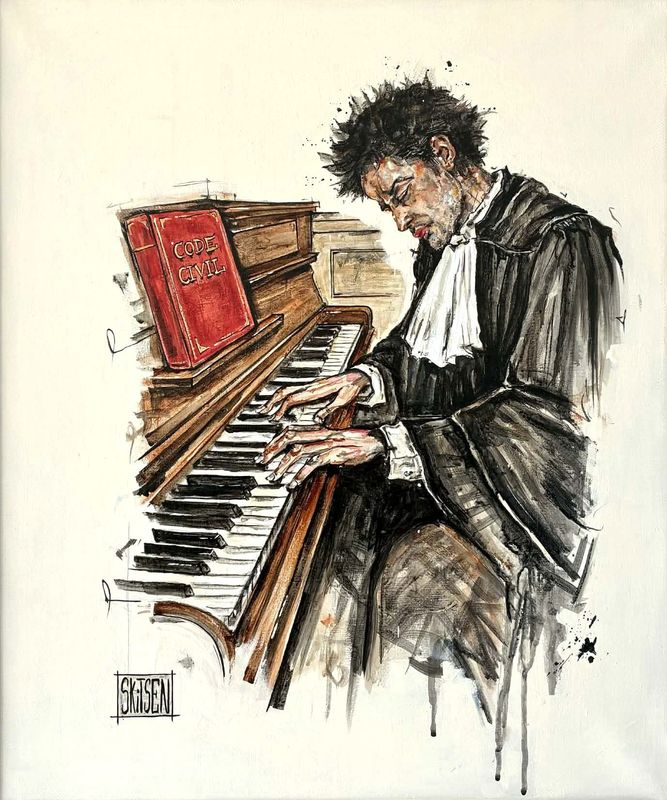 "La symphonie du droit". Sur toile châssis lin cloutée avec encadrement bois blanc. 65x54cm cadre inclus. Fond acrylique, fusains, pastels, encres, vernis. "Skitsen".