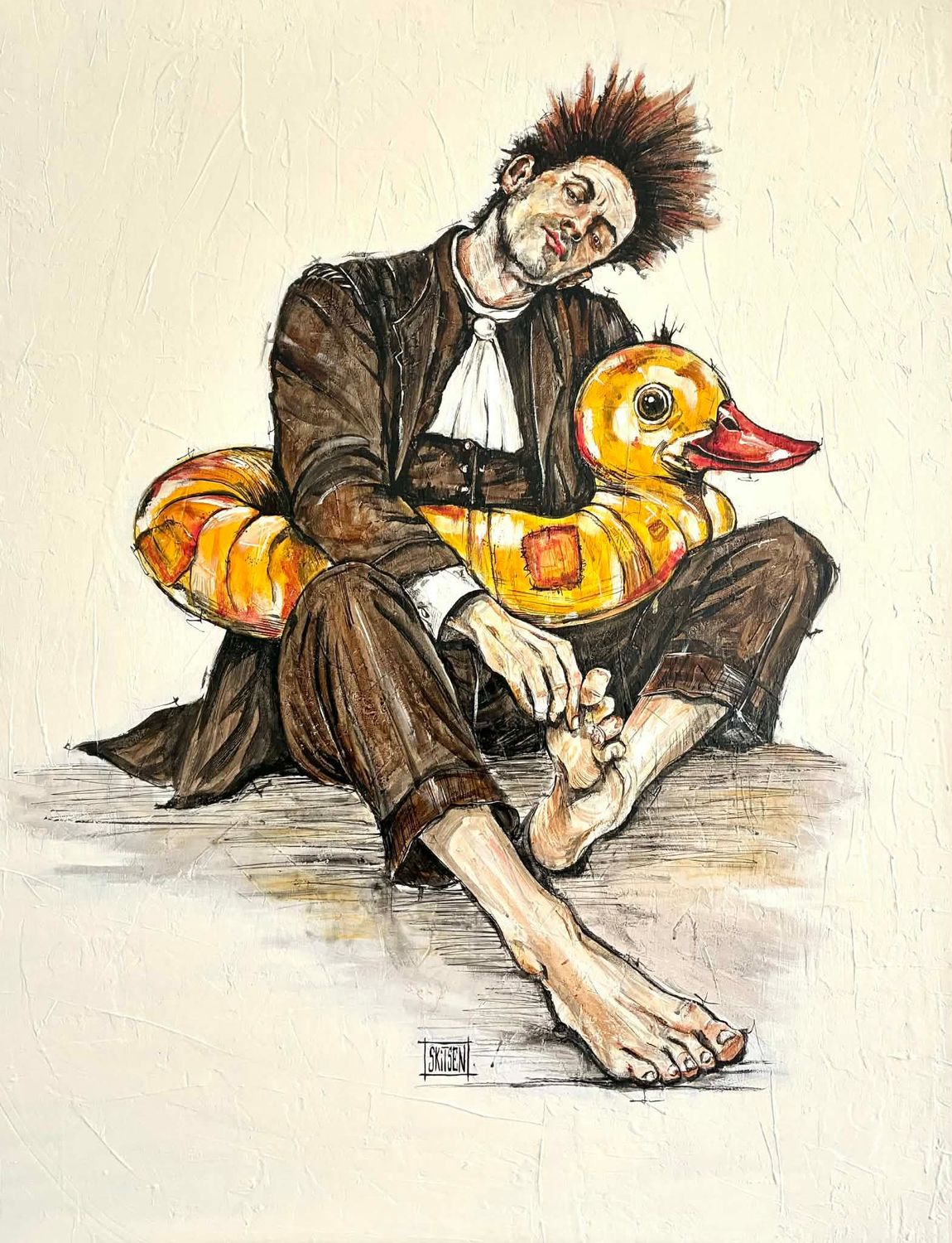 "Ne pas couler". (Profession avocat). Sur une grande toile châssis lin cloutée de 100x81cm. Fond acrylique, pastels, fusains, encres, vernis... "Skitsen".