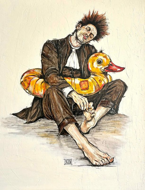 "Ne pas couler". (Profession avocat). Sur une grande toile châssis lin cloutée de 100x81cm. Fond acrylique, pastels, fusains, encres, vernis... "Skitsen".