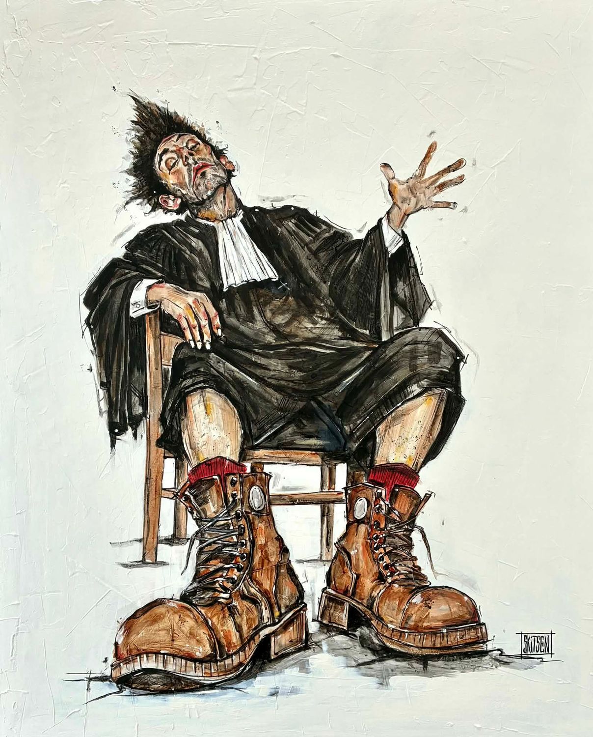 "Nonchalance Légale". Sur une grande toile châssis lin de 100x81cm. Fond acrylique, pastels, fusains, encres, vernis... "Skitsen".