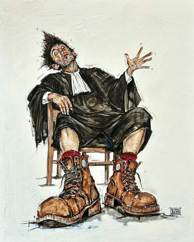 "Nonchalance Légale". Sur une grande toile châssis lin de 100x81cm. Fond acrylique, pastels, fusains, encres, vernis... "Skitsen".