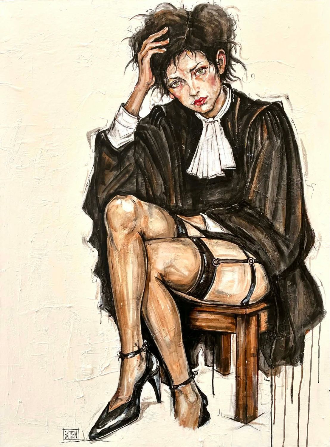 "Les dessous de la justice"..! Sur une grande toile XXL lin cloutée de 130x97cm. Fond acrylique, pastels, fusains, encres, vernis.... "Skitsen"