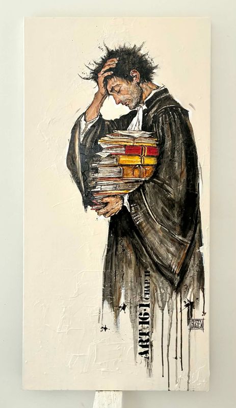 "Le poids des vies". Sur une grande toile châssis lin cloutée de 100x50cm. Fond acrylique, fusains, pastels, encres. "Skitsen".