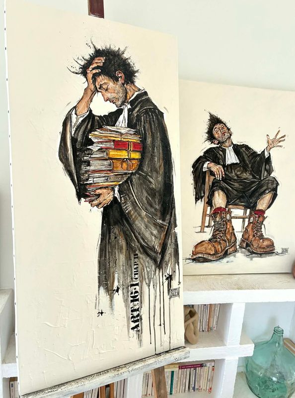 "Le poids des vies". Sur une grande toile châssis lin cloutée de 100x50cm. Fond acrylique, fusains, pastels, encres. "Skitsen".