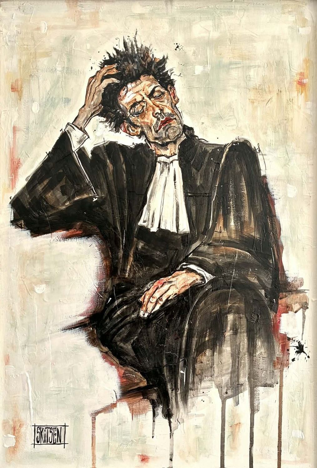 "L'attente". Sur une toile châssis lin cloutée avec cadre bois noir. 62x45cm avec cadre. Pastels, fusains, encres. "Skitsen"