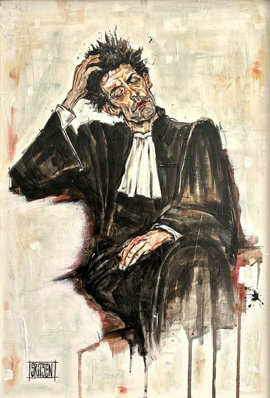 "L'attente". Sur une toile châssis lin cloutée avec cadre bois noir. 62x45cm avec cadre. Pastels, fusains, encres. "Skitsen"