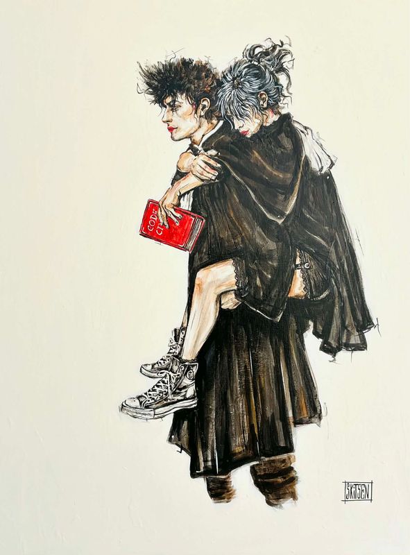 "Le poids de la loi". ! Sur une toile châssis lin cloutée de 72,5x60 cm. Fond acrylique, pastels, encres, vernis... "Skitsen"