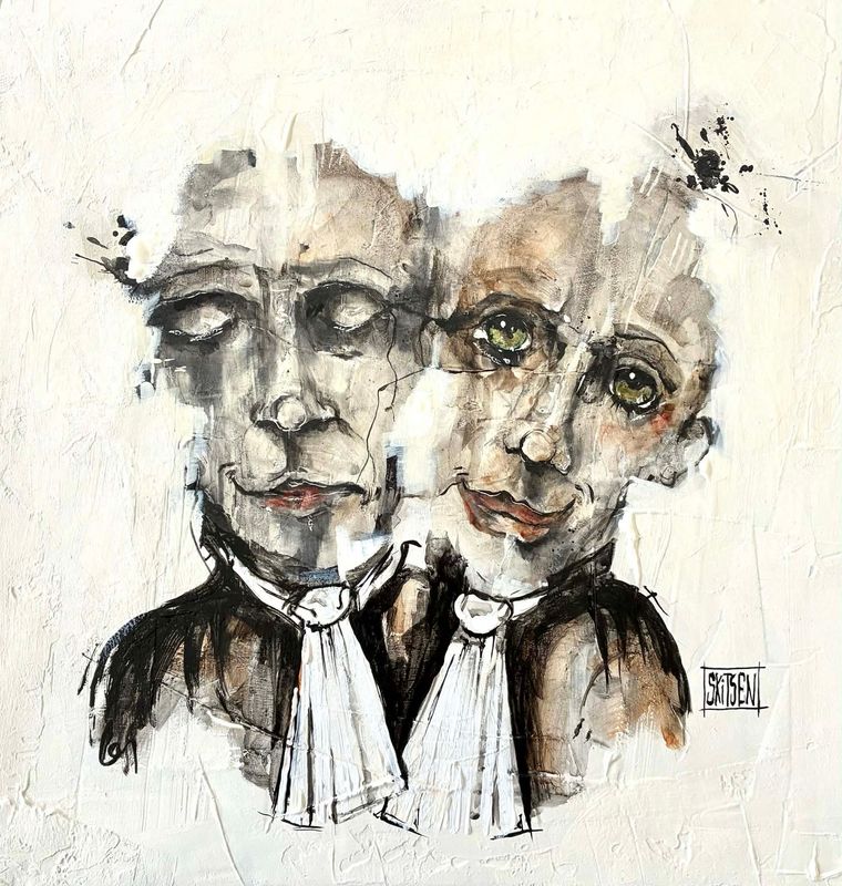 "Duo défensif". (Profession avocat). Sur une toile châssis lin 80x80cm.  Pastels, fusains, encres, vernis...  "Skitsen"