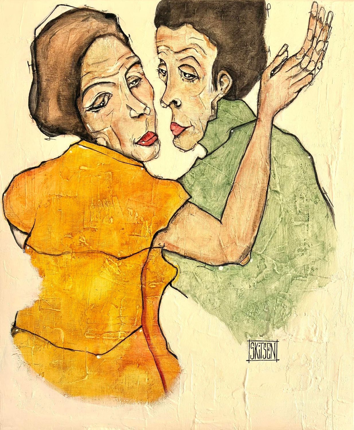 ´Fusion de couple ‘ Sur une toile châssis lin de 64x54cm. Matière, pastels, fusains, encres… "Skitsen"