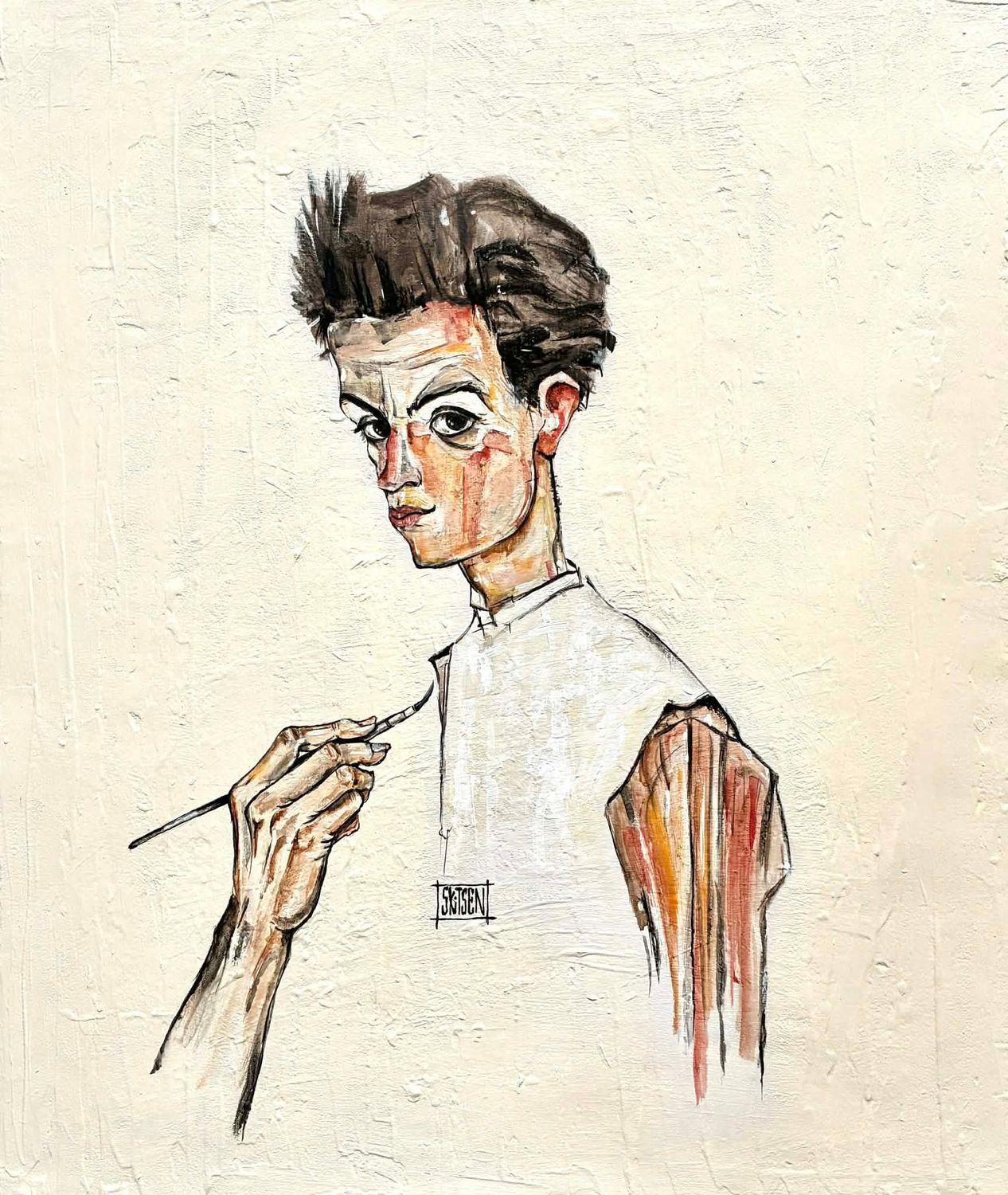 "D'une main à l'autre' Quand je peins la main de E.Schiele qui peint sont autoportrait. Sur toile châssis lin 55x46cm. Acrylique, pastels, encres. "Skitsen"