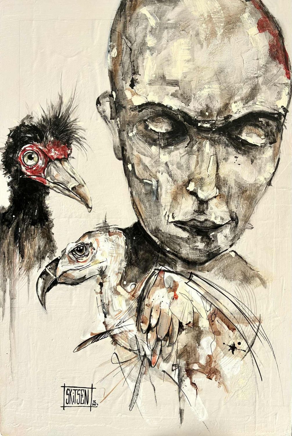 "Les vautours.....". Sur vieilles pages marouflées sur une plaque de bois de 61x40,5cm. Pastels, fusains, encres..... "Skitsen"