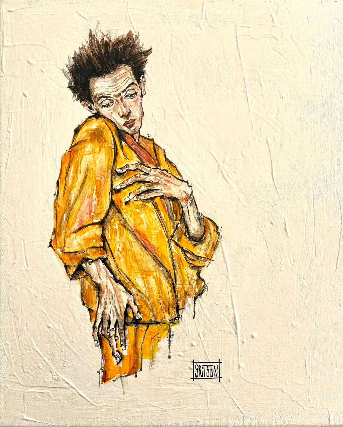 "Perdu". Sur une toile châssis lin de 46x38cm. Matière, fond acrylique, pastels, encres... "Skitsen"