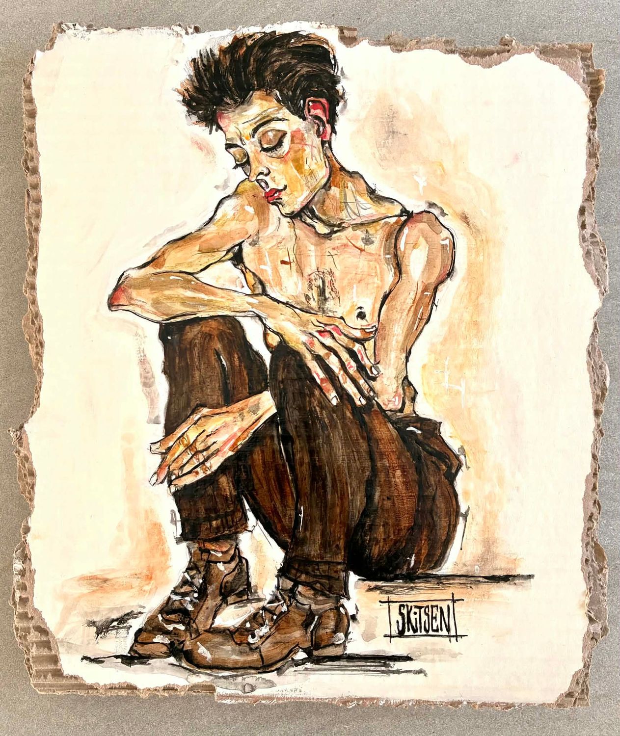 "Réflexion".... Sur un morceau de carton.... 31x26cm. Acrylique, pastels, encres..... "Skitsen".