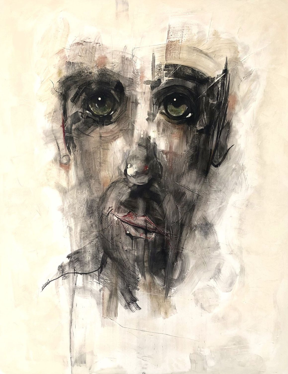 "Watching you"... Sur une grande toile châssis XL de 150x120cm.  PAstels, fusains, encres, vernis. "Skitsen".