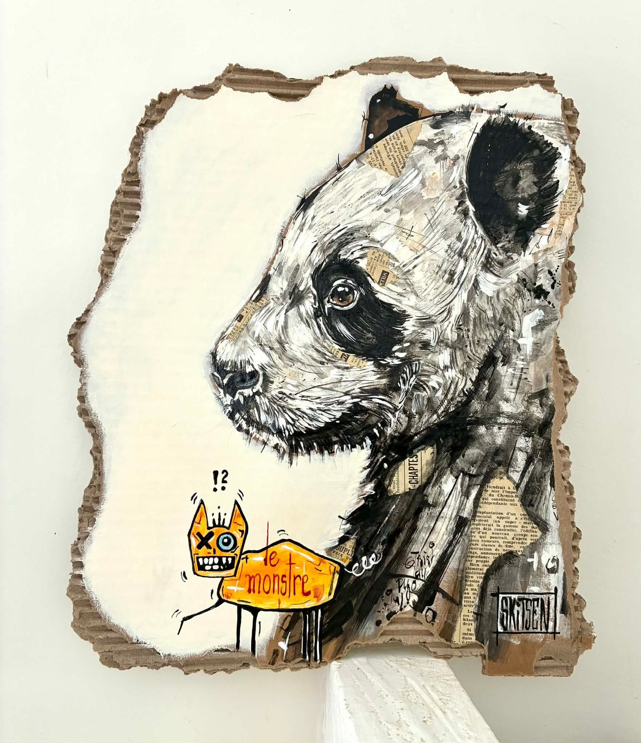 "Panda et le monstre". Sur un morceau de carton de 40x32cm. Acrylique, pastels, encres. "Skitsen".