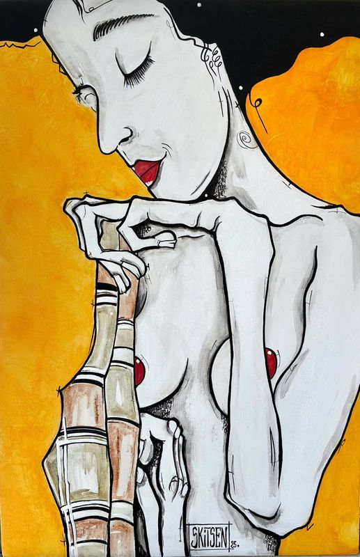 "Comme un petit air d'Egon Schiele". Sur une plaque bois de 61x40,5cm. Pastels, acrylique, encres. "Skitsen"