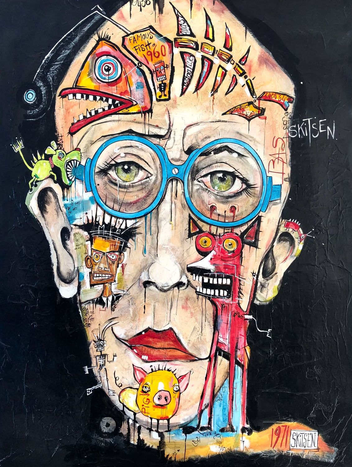 "Skitsen and Basquiat". Sur grande toile châssis lin de 116x86cm. Acrylique, pastels, encres, vernis. "Skitsen"