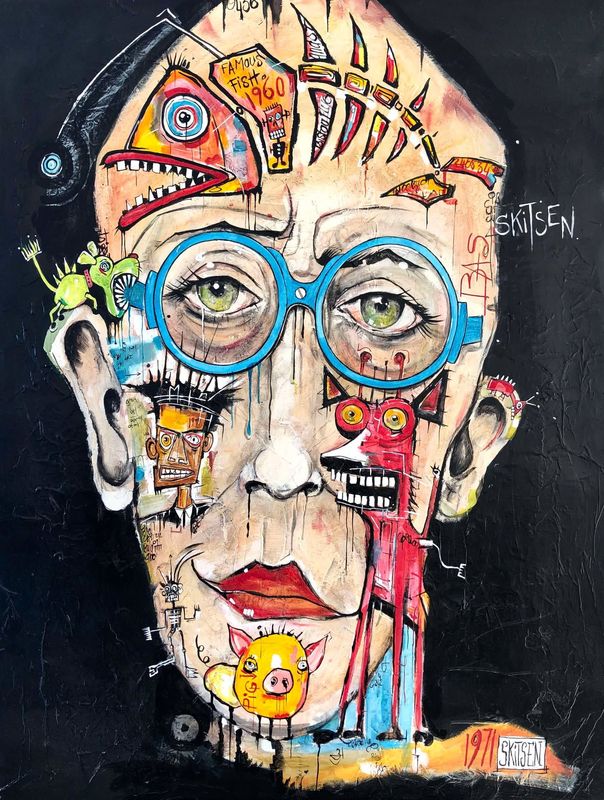 "Skitsen and Basquiat". Sur grande toile châssis lin de 116x86cm. Acrylique, pastels, encres, vernis. "Skitsen"