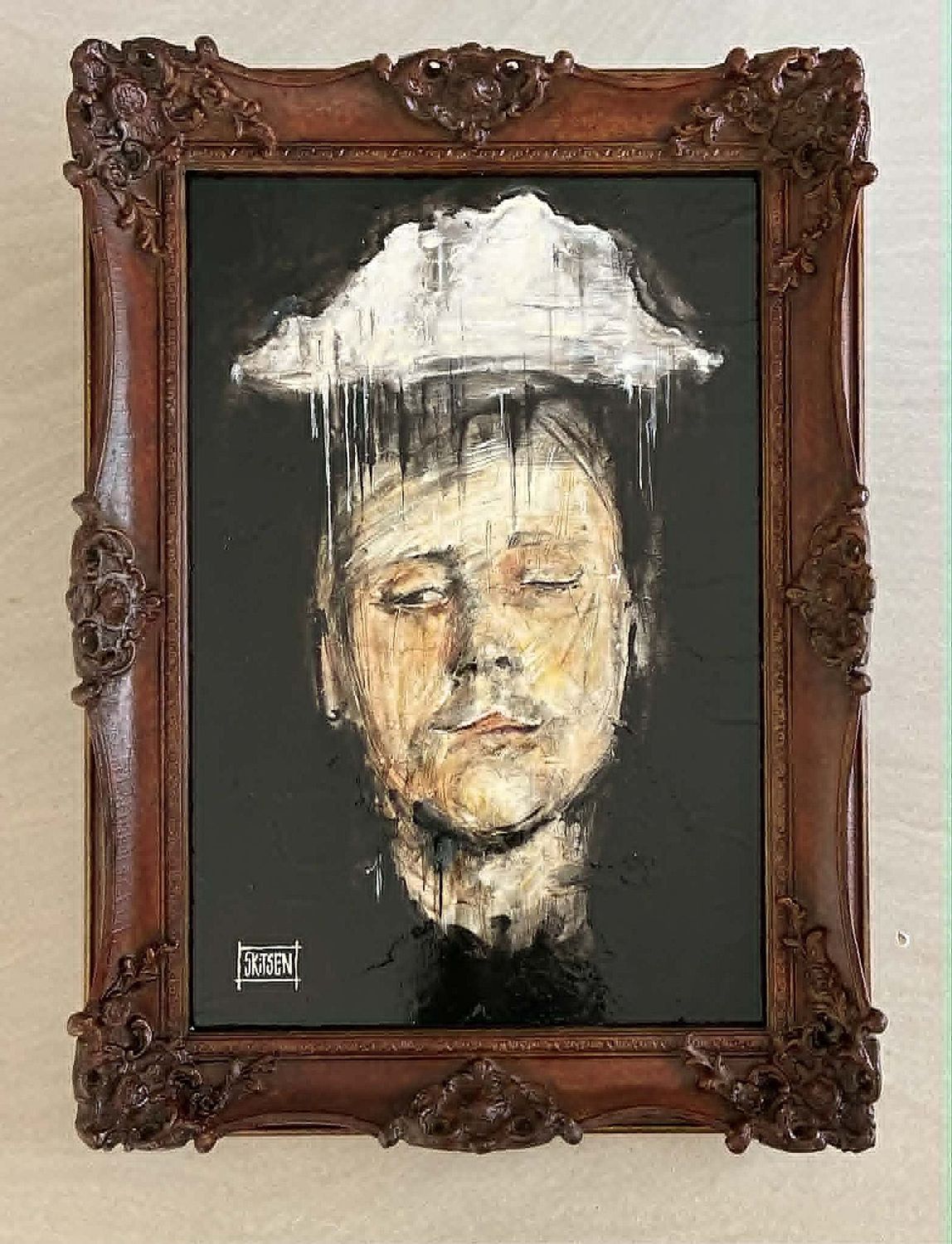 A l’ombre d’une pensée ´ Réalisation sur bois , avec un cadre ´Rocaille’ Louis XV . 57x42,5cm avec encadrement. Pastels, fusains, encres.. vernis..… "Skitsen"