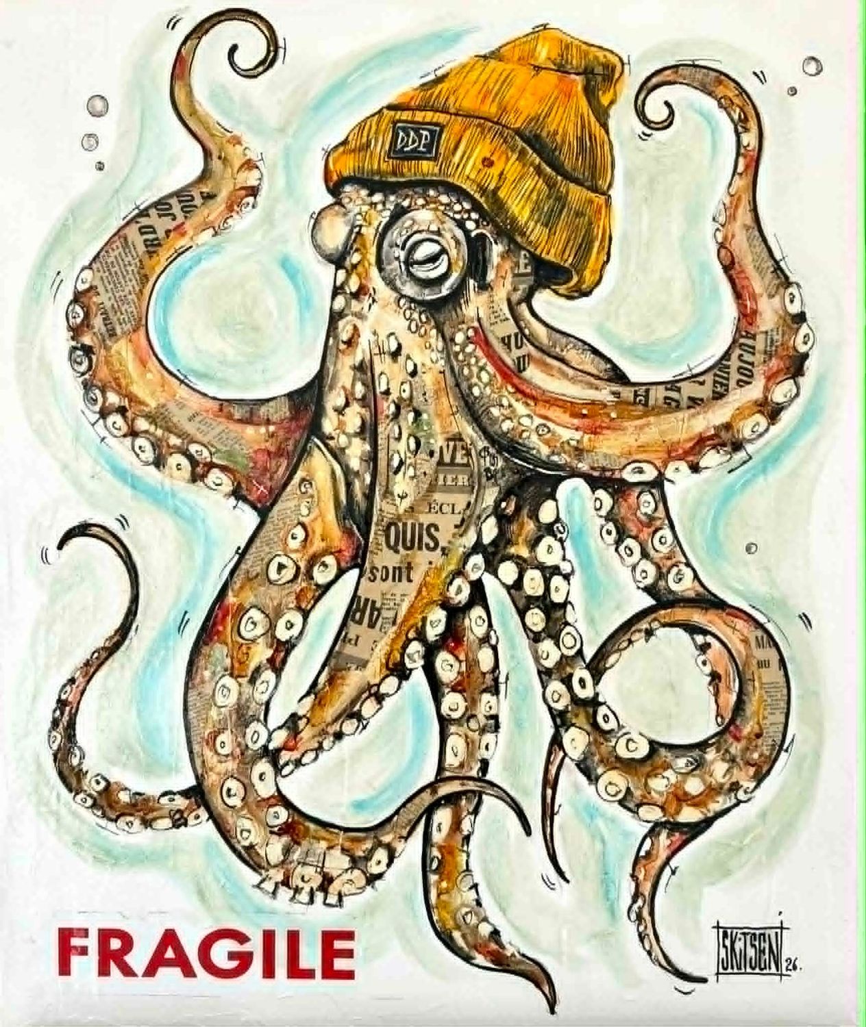 "Octopus 2". Sur une petite toile châssis coton. Acrylique, pastels, encres. "Skitsen"