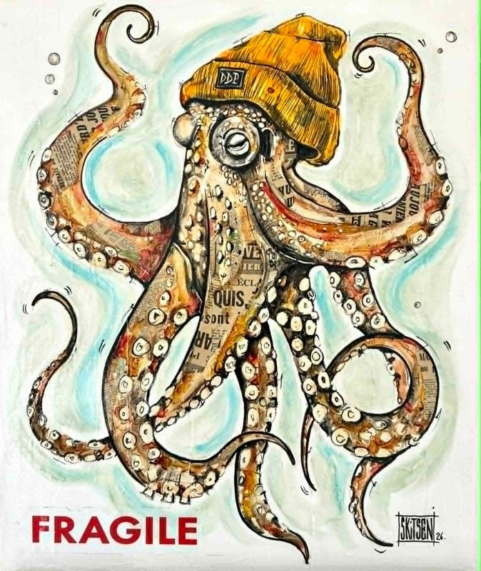 "Octopus 2". Sur une petite toile châssis coton. Acrylique, pastels, encres. "Skitsen"