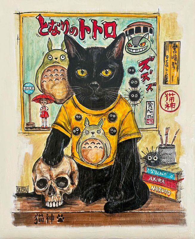 "Réglisse". Demande particulière version 'Skull et style Manga' sur une petite toile châssis coton. "Skitsen"