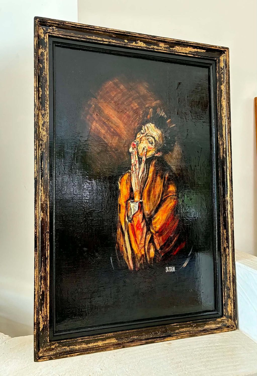 Clair obscur à partir d’un des célèbres dessins de E.Schiele, revisité. Sur une toile ancienne lin avec son cadre ancien que j’ai retravaillé en Or et noir. Technique mixte, huile, pastels, encres.. Clair obscur à partir d’un des célèbres dessins de E.Schiele, revisité. Sur une toile ancienne lin avec son cadre ancien que j’ai retravaillé en Or et noir. Technique mixte, huile, pastels, encres..