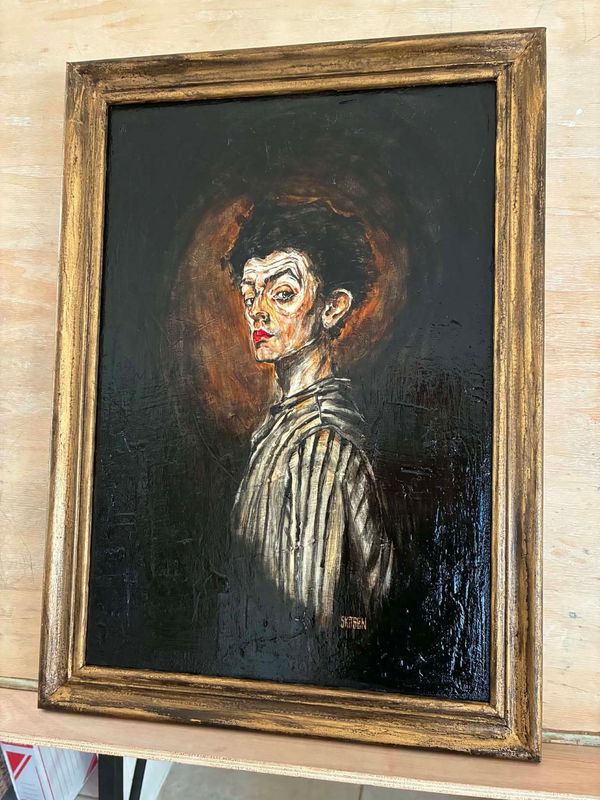 "L'homme à la chemise rayée". Sur une toile châssis lin et encadrement inclus retravaillé. 62x45cm avec le cadre. Technique mixte, pastels, acrylique, fusains, encres...vernis. "Skitsen"