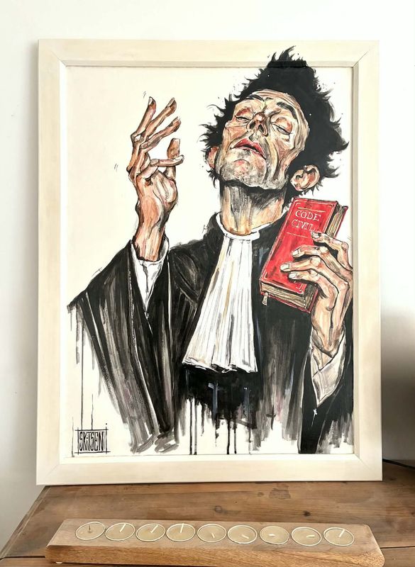 "Songe de l'orateur" Sur une toile châssis lin + cadre bois blanc 81,5cmx63cm. Acrylique, fusains, pastels, encres, vernis. "Skitsen"