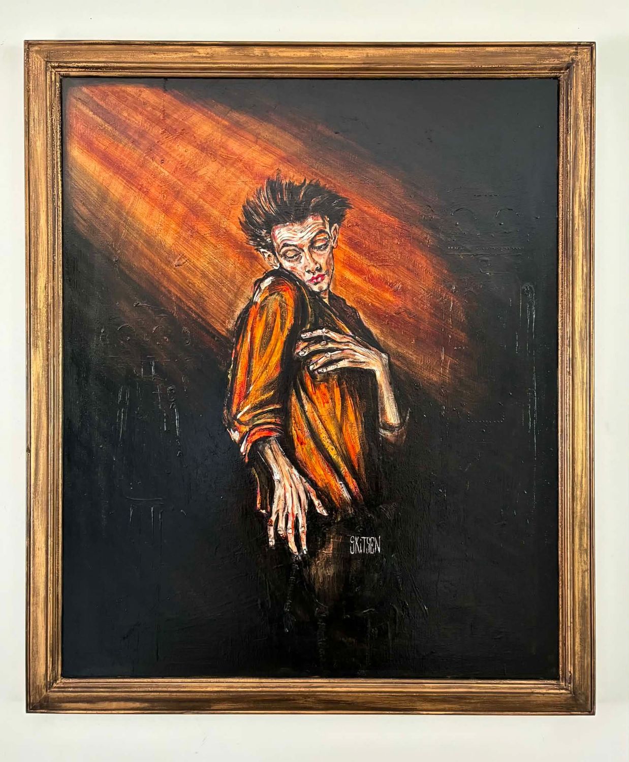 "Dans la lumière". Sur une toile châssis li et encadrement bois or et noir. 72x60,5cm avec cadre. Technique mixte, vernis... "Skitsen"