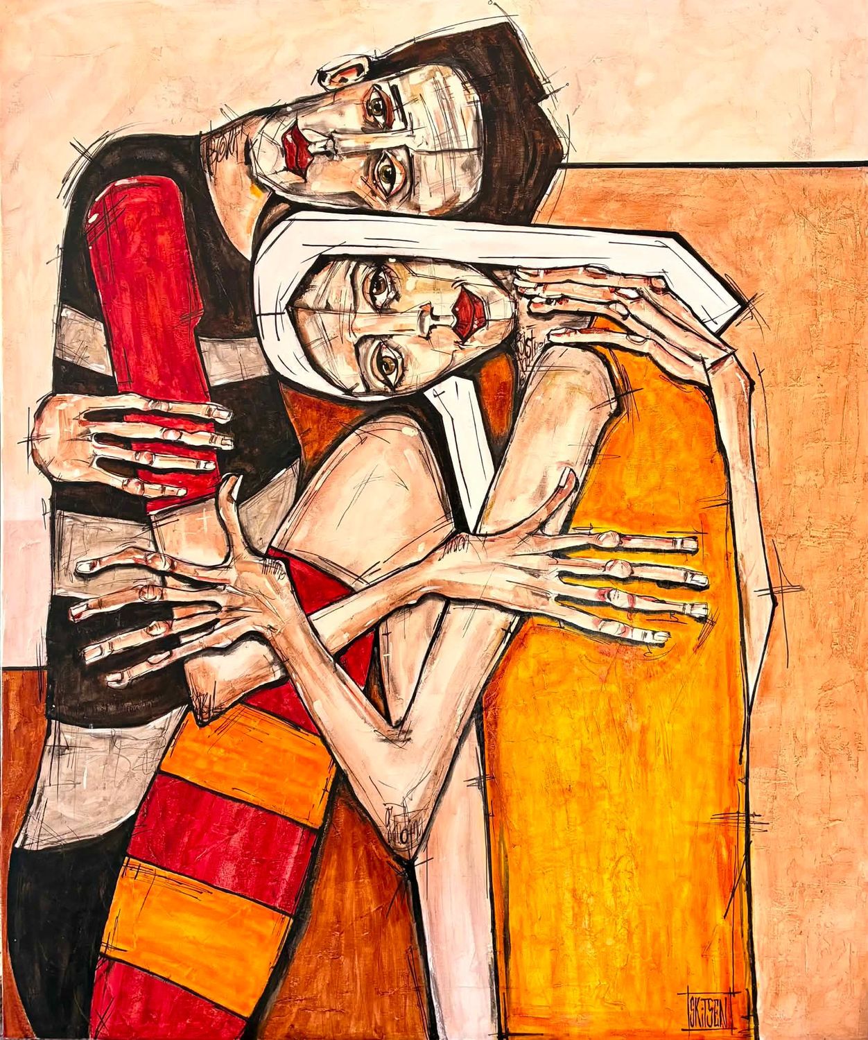 ´Sentir l’essentiel’ Grande toile châssis lin de 120x100cm. Fusains, pastels, encres… vernis…. "Skitsen"