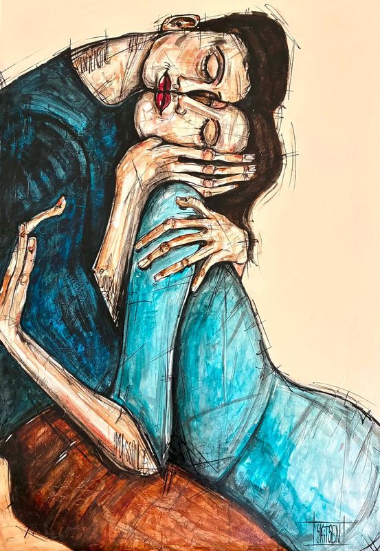 ´Te rassurer’ Sur une grande toile châssis lin 116x81cm.  Technique mixte fusains, pastels, encres...…vernis… "Skitsen".
