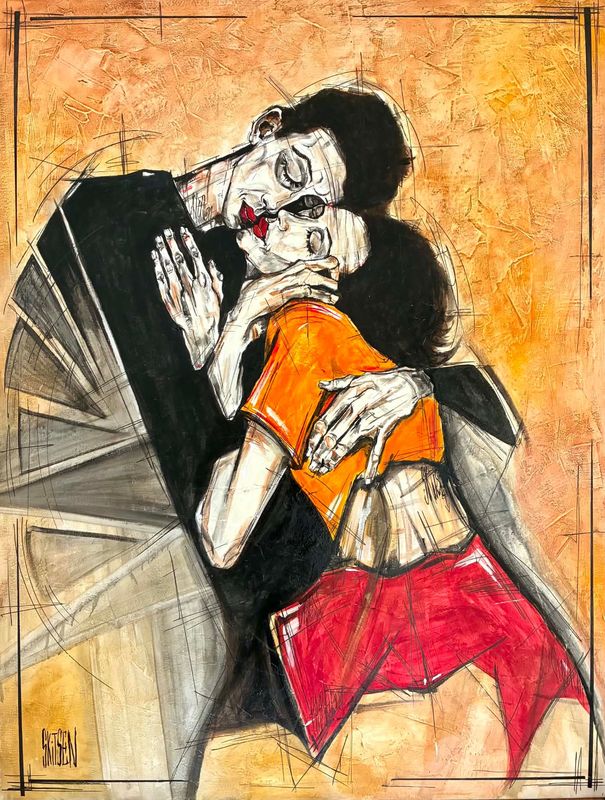 ´Un instant ailleurs’ Sur une grande toile châssis lin de 116x88,5cm. Technique mixte (Pastels, fusains, encres...pointes fines…vernis… Skitsen