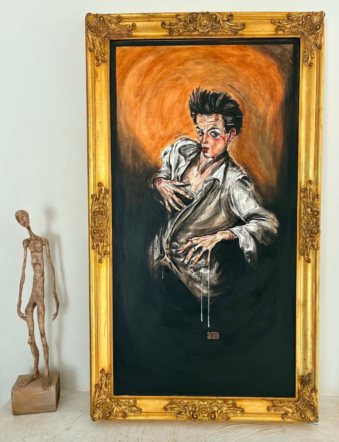 "L'autre". Revisite d'un célèbre autoportrait de E.Schiele. Sur une plaque bois dans un encadrement ancien retravaillé. Technique mixte... Vernis... "Skitsen".