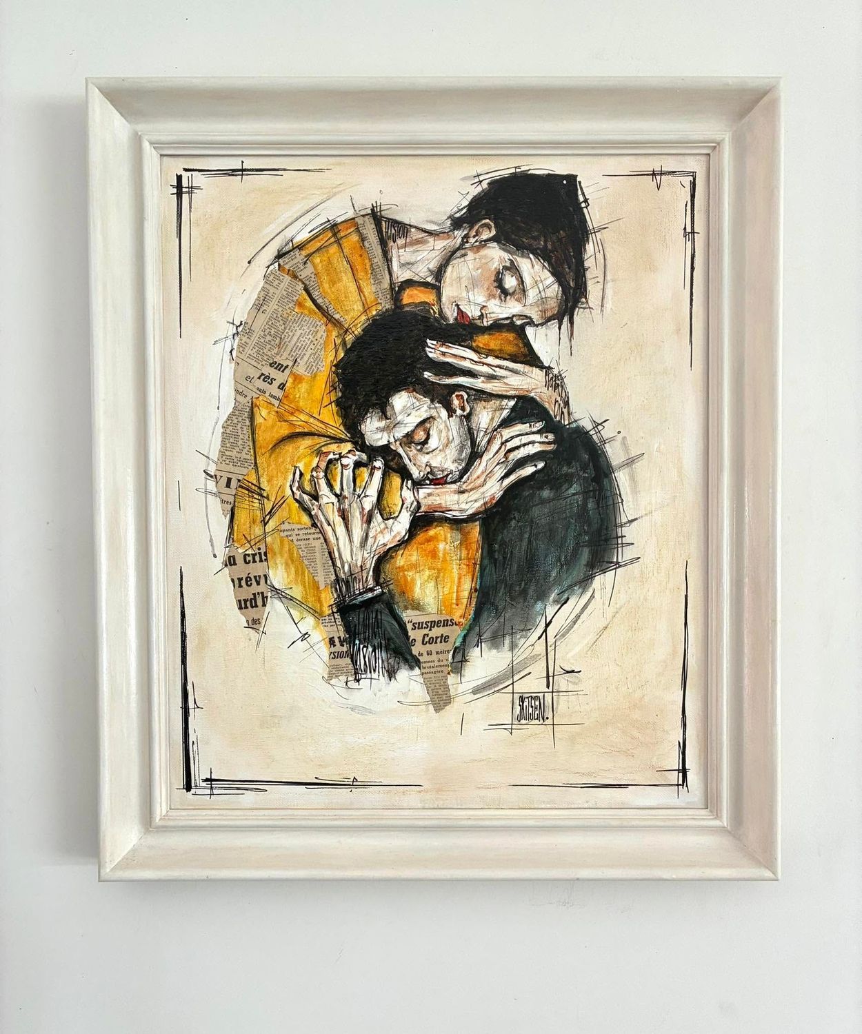 ´Le refuge’ Sur une toile châssis lin avec encadrement. 64x55cm. Technique mixte.. (Patels, fusains, encres, pointes fines...Vernis.... Skitsen ´Le refuge’ Sur une toile châssis lin avec encadrement. 64x55cm. Technique mixte.. (Patels, fusains, encres, pointes fines...Vernis.... Skitsen
