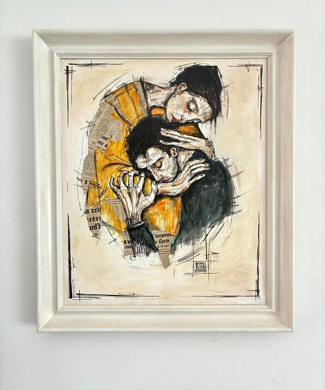 ´Le refuge’  Sur une toile châssis lin avec encadrement. 64x55cm. Technique mixte.. (Patels, fusains, encres, pointes fines...Vernis.... Skitsen
