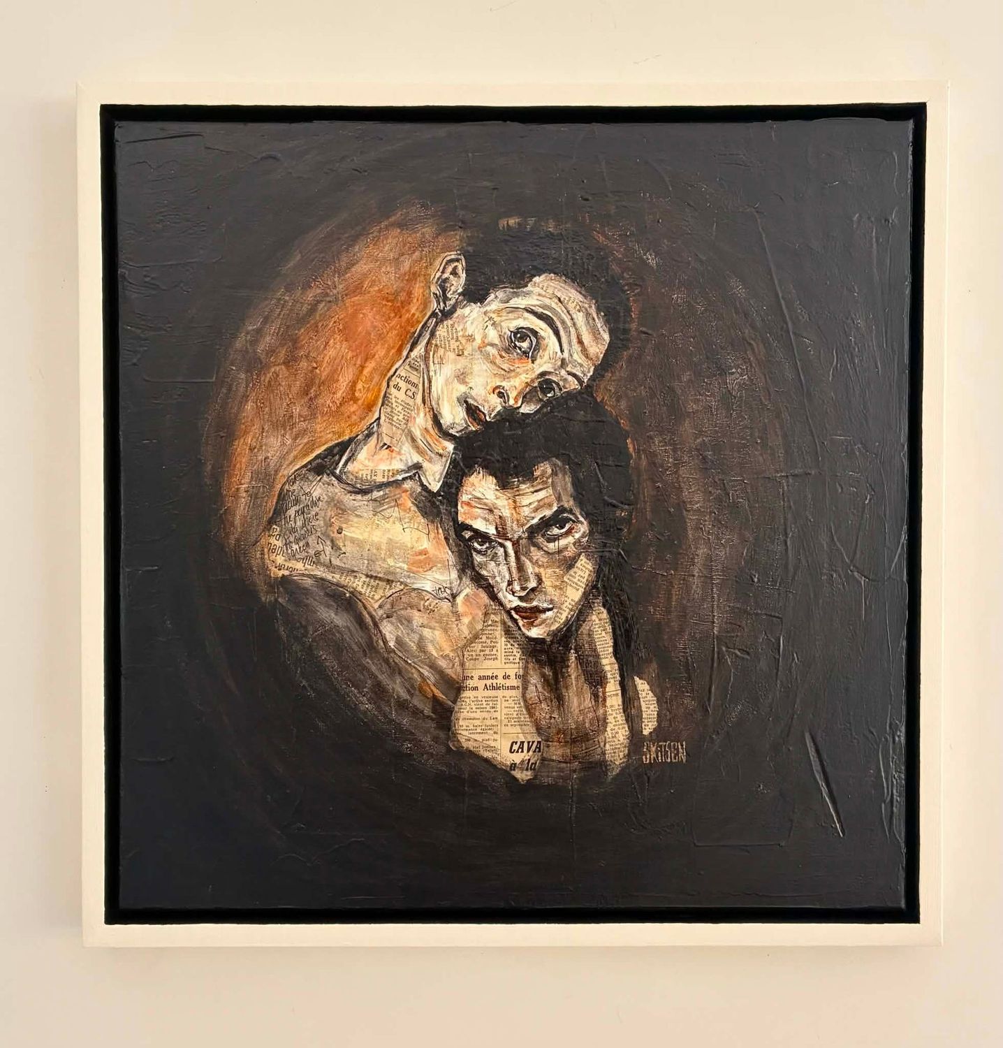 "Revisite d'un célèbre dessin de E.Schiele. Sur une toile châssis de 53x53 cm dans une caisse américaine. Technique mixte (Pastels, fusains, encres.vernis. Skitsen