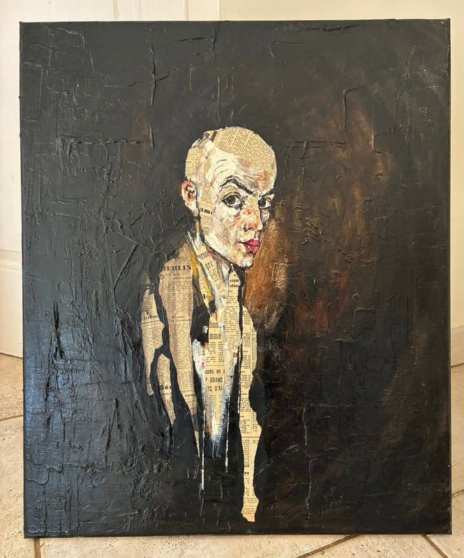 "Solitude". Sur une toile châssis lin de 65x54cm. Technique mixte...vernis.. "Skitsen".