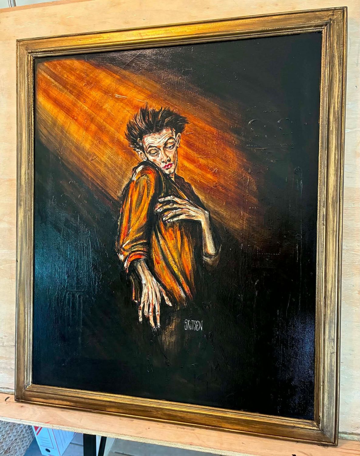 "Dans la lumière". Sur une toile châssis li et encadrement bois or et noir. 70x60cm avec cadre. Technique mixte, vernis... "Skitsen"
