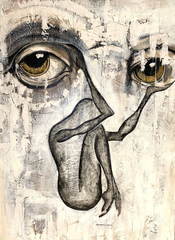 "Soutenir ton regard". Sur grande toile châssis cloutée lin. 100x72 cm. Pastels, fusains, encres, texture... Vernis. 4 mains "Skitsen et Ignara".